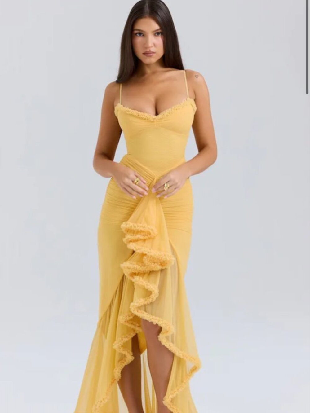 Hot orange dress with high low ruffle - great wedding guest dress XS